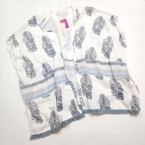 Mystree Linen Blend Open Front Blue White Kimono
